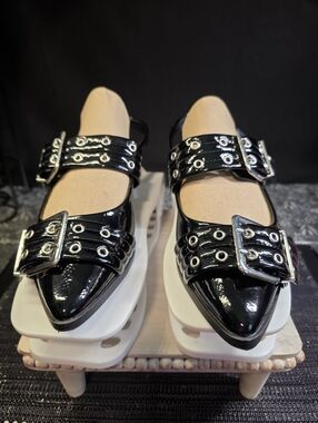 Madden Girl Vardan Black Patent Buckle Grommet Pointed Toe Slingbacks